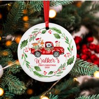 Wald Baby Erste Weihnachtsverzierung, Personalisierte Hirsch Fuchs Alte Lkw-Jungenverzierung, Feiertags-Baby-Verzierung von DashingFoxCo