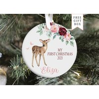 Wald Baby Erste Weihnachtsverzierung, Personalisierte Hirsch-Mädchen-Verzierung, Feiertags-Baby-Verzierung von DashingFoxCo