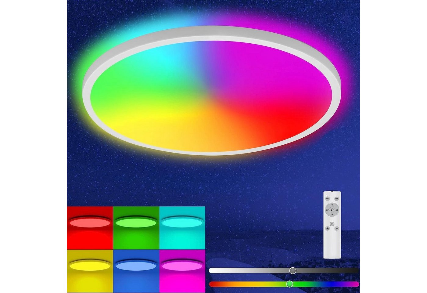Daskoo Deckenleuchten 18W RGB Deckenlampe mit Fernbedienung 1600LM Ø295×25mm, RGB, LED fest integriert, RGB, Stufenloses Dimmen von Daskoo