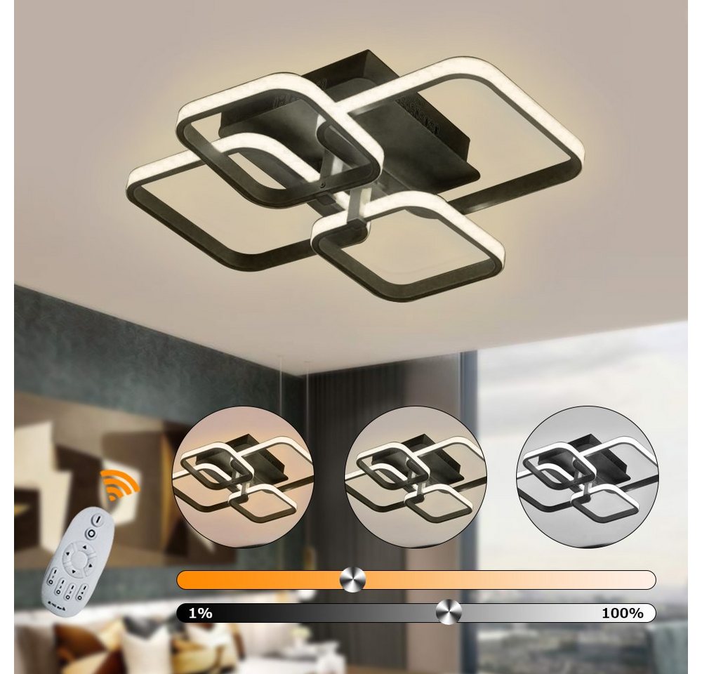 Daskoo Deckenleuchten 3/4/5 Quadrat LED Deckenlampe mit Fernbedienung Dimmbar Wohnzimmer, LED fest integriert, Warmweiß/Neutralweiß/Kaltweiß, LED Deckenleuchte, Stufenloses Dimmen von Daskoo