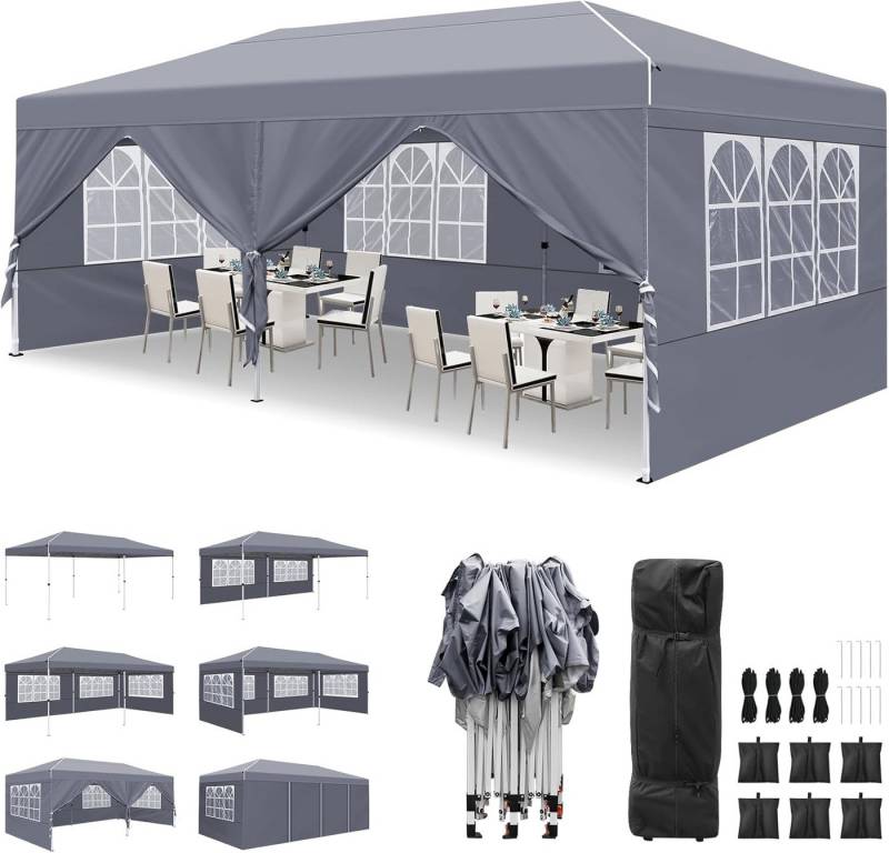 Daskoo Faltpavillon Pavillon 3x6m Wasserdicht Faltpavillon Pop Up Partyzelt 6Seitenwände, mit 6 Seitenteilen, 600x300x260cm von Daskoo