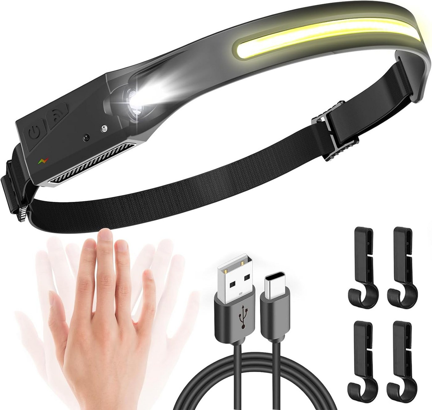 Daskoo LED Stirnlampe 1/ 2Stück LED COB Kopflampe Scheinwerfer USB Wiederaufladbar mitSensor (1-St), 5 Helligkeitsmodi Verfügbar von Daskoo