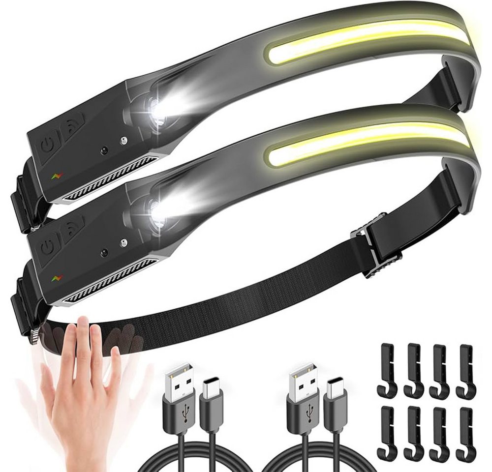 Daskoo LED Stirnlampe 1/ 2Stück LED COB Kopflampe Scheinwerfer USB Wiederaufladbar mitSensor (2-St), 5 Helligkeitsmodi Verfügbar von Daskoo