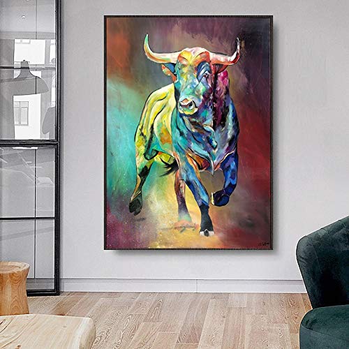 Leinwand Gemälde Tier Wandkunst Abstrakt Bunte Bullen Drucke Poster Dekoratives Bild an der Wand, für Wohnzimmer Wohnkultur Kein Rahmen (Size : (23.6x35.4inch)60x90cm unframed) von Dass