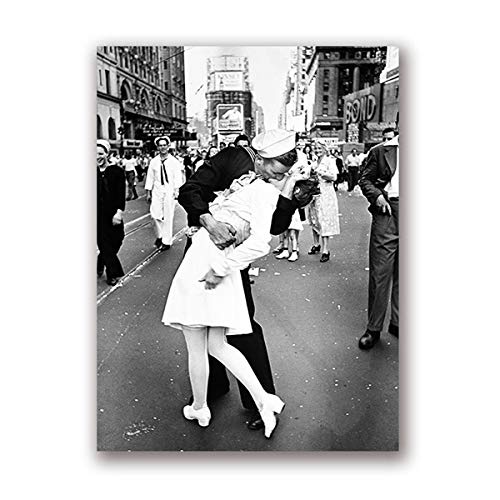 Tag in Times Square Poster drucken Kuss Wandkunst Leinwand Malerei schwarz weiß Wandbild, für Schlafzimmer Home Decoration Kein Rahmen (Size : 60x80 cm No Frame) von Dass
