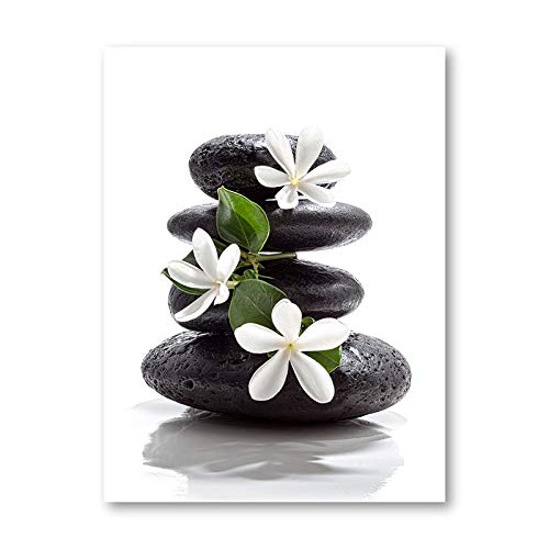 Zen Meditation Leinwanddruck Wandkunst Bild Steine und weiße Blumen Poster Naturmalerei, für Wohnzimmer Home Decoration Kein Rahmen (Size : 60x80 cm No Frame) von Dass