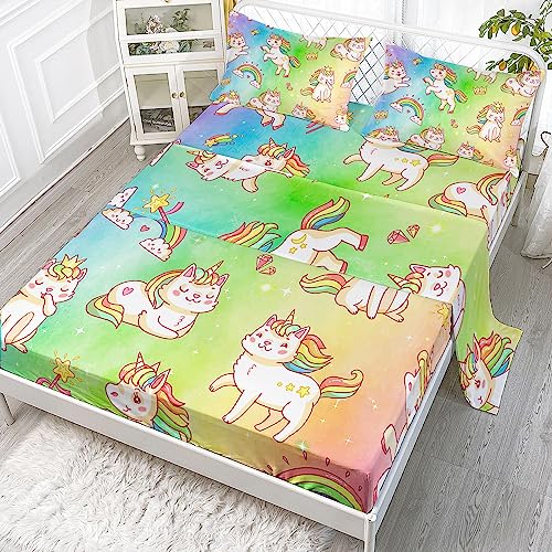 Datura home Bedding Fitted Sheet and Flat Sheet Set 4Pcs Rainbow Unicorn Printed Bedding Set with 1 Flat Sheet and 1 Fitted Sheet + 2 Pillowcases for Girls (Rainbow Unicorn Twin) von Datura home