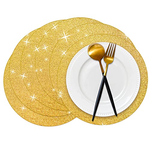 Datyiiha 50 Stück Gold Glitzer Papier Platzsets Funkeln Runde Einweg-Tischmatten Goldene Pailletten Deckchen Dekorative Tischsets für Hochzeit Bankett Party Home Dining Geschirr von Datyiiha