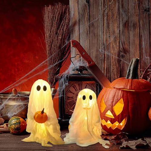 Davivian Geisterdekoration - Gespenstisch Niedliche Halloween Deko,2 Teile Beleuchtete Festliche Gotische Skulptur Für Zuhause Party Garten Tisch Fenster von Davivian