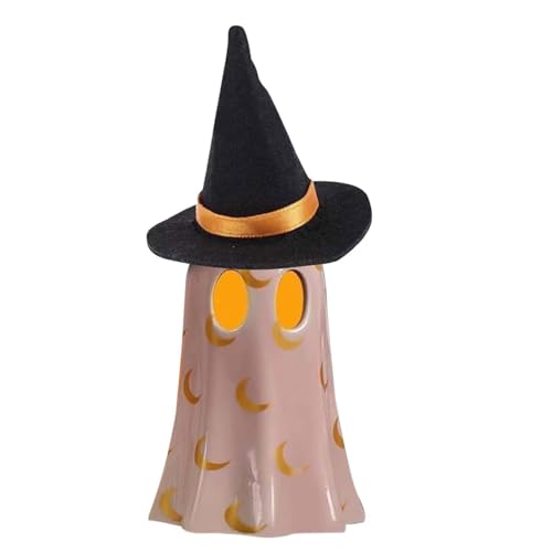 Davivian Geisterfigur Home Decor Gespenst Deko - Kleine Halloween-Skulptur,Kleine Beleuchtete Süße Geist Mit Hexenhut Figur Resin Deko Für Schminktisch von Davivian