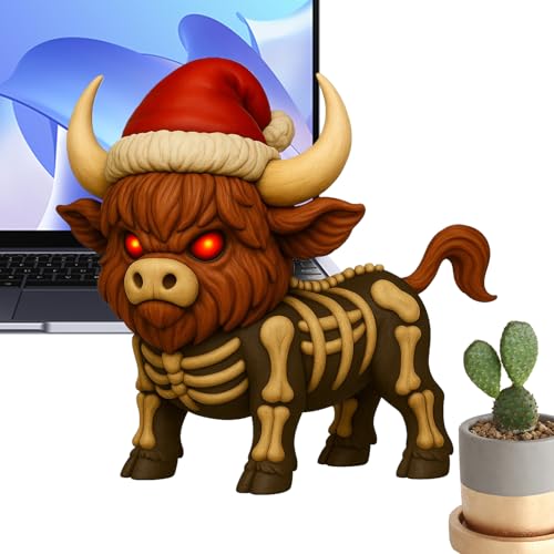 Davivian Highland Cow Figurine | Schottisches Hochlandrind Deko | Resin Figur Mit Wütendem Gesicht Santa Weihnachtshut Skelett Rind Für Garten Wohnzimmer von Davivian