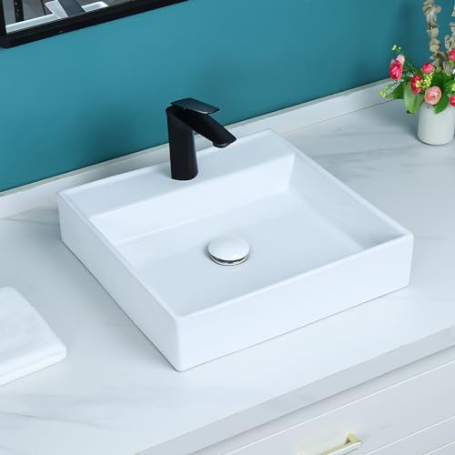 Davivy 43,9 x 43,9 cm weißes quadratisches Badezimmer-Waschbecken mit Pop-Up-Ablauf- und Installationsset, schwimmendes quadratisches Gefäßwaschbecken, Wandmontage, weißes Badezimmer-Waschbecken, von Davivy