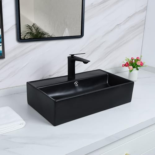 Davivy 55,1 x 31 cm schwarzes rechteckiges Badezimmer-Waschbecken mit Pop-Up-Ablauf- und Installationsset, Keramik-Waschbecken über der Theke, wandmontierte Gefäßwaschbecken für Badezimmer von Davivy