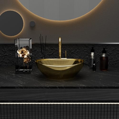 Davivy Ovales Badezimmer-Waschbecken mit Pop-Up-Ablaufgarnitur, ovales Badezimmer-Waschbecken, modernes Goldgefäß über der Theke, Waschbecken für Badezimmer, 40,9 x 33,5 cm von Davivy