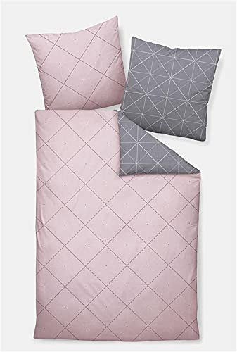 Palermo Janine Mako Satin Bettwäsche-Set 2tlg grau rosa 2 teilige Wende 155x220cm & Kissen 80x80cm Geometrisches Muster von Davos