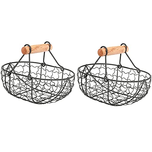 Daweglop 2 x Holzgriff Metallkorb Retro-Korb Tragbarer Gemüse Eier Lebensmittel Praktischer Aufbewahrungskorb Organizer Schwarz von Daweglop