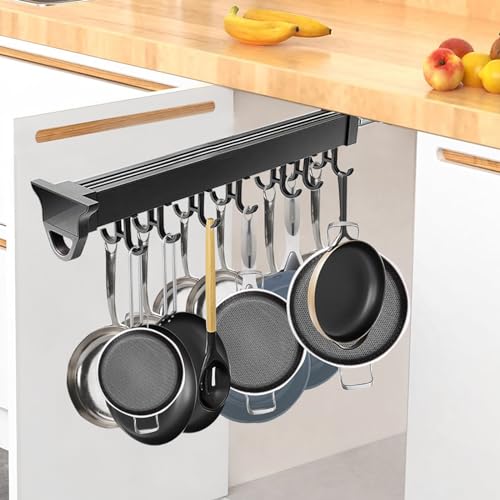 Dawselod Pfannenhalter Hangend/Auszug Erweiterbarer Pfannen-Organizer fuir Schrank/mit Verstellbaren Haken/Utility Organizer Tir für Suppentopf/Pfanne/Milchtopf/Spatel (41 cm/16.14in(with 14 hooks)) von Dawselod