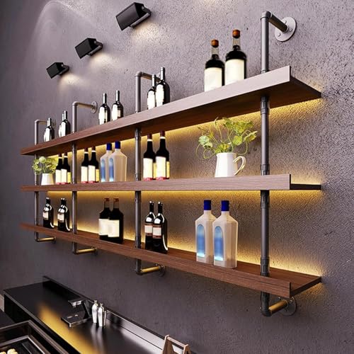 Massivholz Wandmontierte Weinregal mit LED-Licht, 3-stufiges Gehängt Barständer Schwebende Regale, Moderne Metallflaschenhalter Weinpareite Display Rack für Bars/Restaurants/Küchen (100*22*120cm) von Dawselod