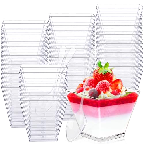 Dawumin Dessertgläser Wiederverwendbar, 50 Stück Dessertbecher mit Löffeln, 60ml Dessertschalen Wiederverwendbar, Dessertschalen Set Mini Desserttassen für DIY Desserts Pudding Mousse Eis von Dawumin