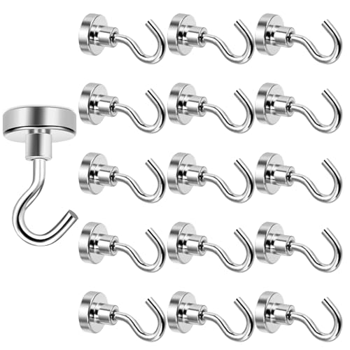 Dawumin 16 Stück Magnethaken Extra Stark, 10Kg+ Silber Magnete Mit Haken, 16mm Super Starke Neodym Magnet, Magnetic Hooks Stanzfrei für Kreuzfahrt, Grill BBQ, Küche, Gadgets, Büro von Dawumin