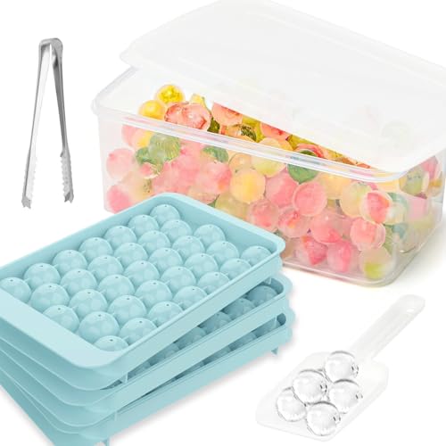 Eiswürfelform mit Deckel und Behälter, 2,5 cm x 99 Stück Runde Eiswürfel, Eiswürfelbehälter mit Deckel, Mini Kreis Eiswürfelform mit Schaufel & Eiszange für Eis, Cocktail, Kaffee und Saft (Blau) von Dawumin