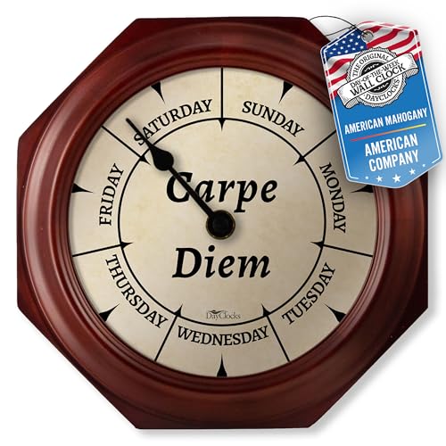 DayClocks Klassische Carpe Diem Uhr - Wochentagsuhr - Tagesuhr mit Mittag & Mitternacht Markierungen - 24,1 cm Mahagoni Wanduhr von DayClocks