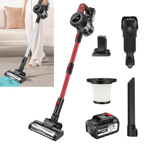 500W Staubsauger Kabellos mit 3.0Ah Batterie, 15000Pa Leistungsfähige Saug, Rotierende Bodenbürste mit LED-Licht, bis zu 65 Min Laufzeit, Rot 500W Staubsauger Kabellos mit 3.0Ah Batterie, 15000Pa Leistungsfähige Saug, Rotierende Bodenbürste mit LED-Licht, bis zu 65 Min Laufzeit, Rot von DayPlus