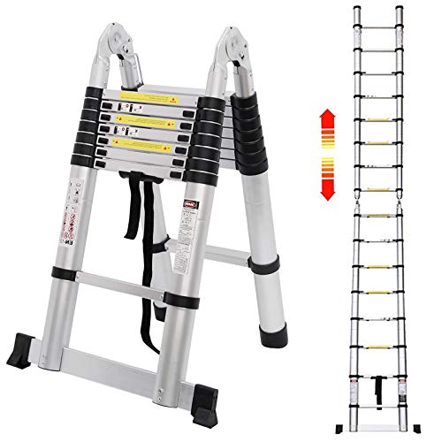 5M Teleskopleiter Alu Leiter Ausziehbare Klappleiter 2.5M + 2.5M Teleskop Leiter mit Stabilisator, Hohe Mehrzweckleiter, 150 kg Belastbarkeit von DayPlus