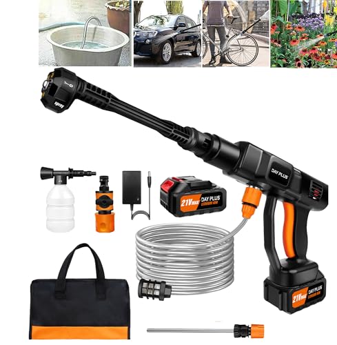 Bürstenlos Auto Hochdruckreiniger mit 1 x 3.0Ah Akku, 45Bar Elektro Hochdruckreiniger, inkl. 6-IN-1 Sprühdüse, 5m Schlauch für die Reinigung von Terrasse, Auto, Garten, Bewässerung von DayPlus