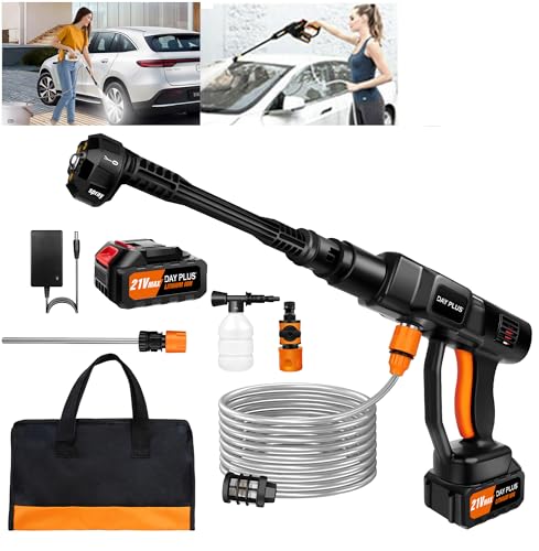 Bürstenlos Auto Hochdruckreiniger mit 2 x 21V 3.0Ah Akku, 45Bar Akku Druckreiniger zur Reinigung oder Bewässerung, Durchflussmenge 270L/H, Tragbarer Waschmaschine, 6-IN-1 Sprühdüse von DayPlus