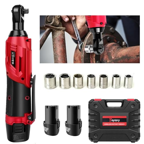 DayPlus Akku-Ratschenschlüssel 12V, 40 Nm Elektrischer Ratschenschlüssel Kit, 2300 RPM mit 2 x 1.5Ah Li-Ionen Batterien und Schnellladung, 7-Steckdosen, Variable Geschwindigkeit, Rot von DayPlus