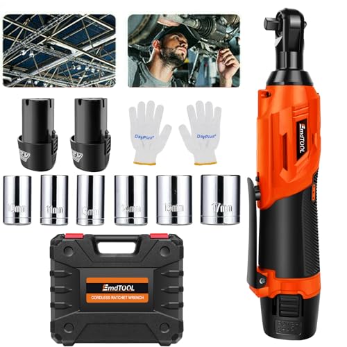 Akku-Ratschenschlüssel 3/8", Akku-Ratsche 2300 RPM mit 2 x 12V 1.5Ah Li-Ionen-Batterien, Schnellladegerät, 7-Steckdosen für enge Räume Auto Motor Auto Reparatur, DIY, Orange von DayPlus