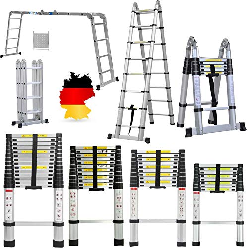 Teleskopleiter 5m Klappbar Alu Leiter, Rutschfester Ausziehbar Aluleiter, 16 Sprossenleiter mit Stabilisator - Gerade Leiter & A-Rahmen Klappleiter, 150 kg Belastbarkeitr von DayPlus