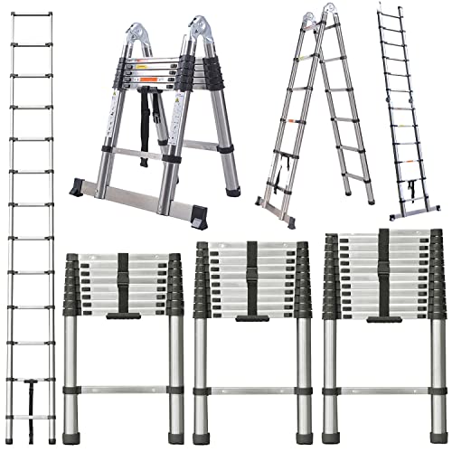 Teleskopleiter 5m Klappleiter Edelstahl Leiter, 2 in 1 Angegeleiter mit Stabilisator, Rutschfester Schiebeleiter Sprossenleiter Ausziehleiter Mehrzweckleiter max 150 kg Belastbarkeit Faltbar(2,5+2,5M) von DayPlus