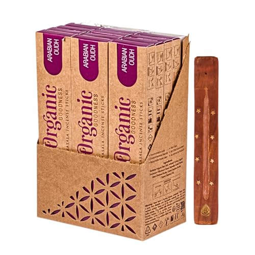 Organic Masala Indische Räucherstäbchen Set - 12 x Arabian Oudh - Big Box mit Räucherstäbchenhalter aus Holz und Duftproben - Song of India von Dayasa