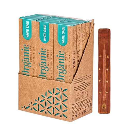 Organic Masala Indische Räucherstäbchen Set - 12 x Weißer Salbei - Big Box 12 Packungen mit Räucherstäbchenhalter aus Holz und Probierdüften - Song of India von DAYASA