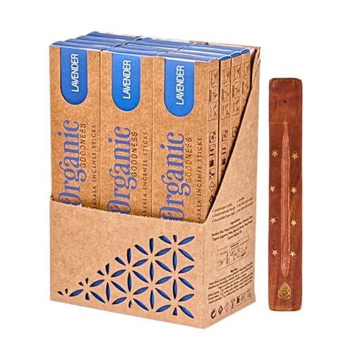 Organic Masala Indische Räucherstäbchen Set - 12 x Lavendel - Big Box mit Räucherstäbchenhalter aus Holz und Duftproben - Song of India von Dayasa