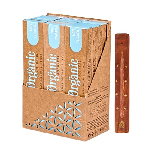 Organic Masala Indische Räucherstäbchen Set - 12 x Nag Champa - Big Box mit Räucherstäbchenhalter aus Holz und Duftproben - Song of India von DAYASA