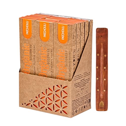 Organic Masala Indische Räucherstäbchen Set - 12 x Patchouli - Big Box mit 12 Packungen und Räucherstäbchenhalter aus Holz und Probierdüften - Song of India von DAYASA