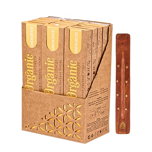 Organic Masala Indische Räucherstäbchen Set 12 x Sandelholz - Big Box mit kostenlosem Räucherstäbchenhalter aus Holz und Duftproben - Song of India von Dayasa