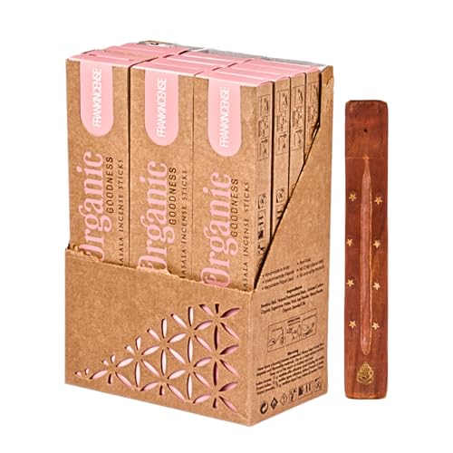 Organic Masala Indische Räucherstäbchen Set - 12 x Weihrauch - Big Box mit Räucherstäbchenhalter aus Holz und Duftproben - Song of India von DAYASA