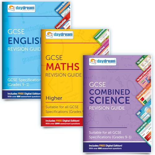 GCSE Englisch, Mathe (höher) und Wissenschaftsstudie Lernpaket | Taschenposter: The Pocket-Sized Revision Guides | GCSE Specification | Kostenlose digitale Ausgaben mit über 1.600 englische und mathematische Bewertungsfragen von Daydream Education