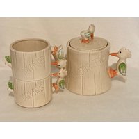 Vintage Gempo Geschenkartikel Specht Stapel Teekanne Und Zwei Tassen Set von Daysharvu