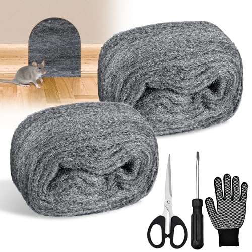 DazSpirit 2 Stück Stahlwolle gegen Mäuse, 3 m Stahlwolle Fein 0000 mit Handschuhen, Schere und Schraubendreher, Edelstahlwolle gegen Ratten zum Abdichten von Lücken, Reinigen, Polieren von DazSpirit