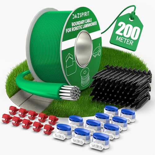 DazSpirit 200 m Begrenzungskabel Mähroboter + 100 Erdnägel + 20 Kabelverbinder + 10 Anschlussklemmen, Rasenmäher Kabel Zubehör Set, Kompatibel mit Gardena Bosch Husqvarna Worx Honda Robomow usw von DazSpirit