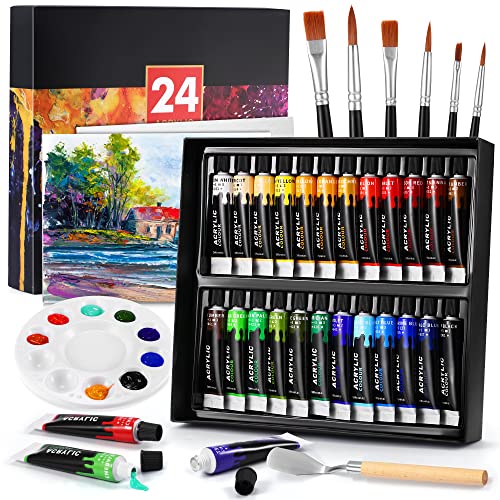 DazSpirit 24 Farben Acrylfarben Set mit 6 Pinselset+2 Leinwand+1 Mischpalette+1Mischmesser, Akrylfarbenset für Künstler, Anfänger & Kinder, Acryl Farben für DIY Steine, Holz, Lichtecht, Mischbar von DazSpirit