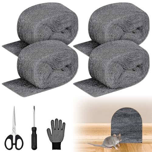 DazSpirit 4 Stück Stahlwolle gegen Mäuse, 3 m Stahlwolle Fein 0000 mit Handschuhen, Schere und Schraubendreher, Edelstahlwolle gegen Ratten zum Abdichten von Lücken, Reinigen, Polieren von DazSpirit