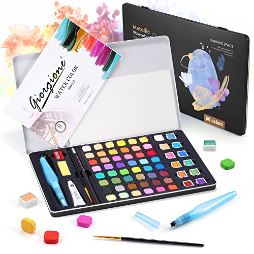 DazSpirit Aquarellfarben Set, 60 Lebendige Farben Wasserfarben Kit, Tragbar Aquarellfarbkasten Inklusive Metallic und Fluoreszenzfarben, Mit 8 Aquarell-Papierblöcken, Für Kinder, Anfänger und Profis von DazSpirit