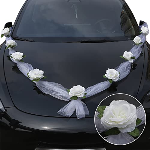 DazSpirit Autoschmuck Hochzeit Weiße, Braut Paar Rose Hochzeitsauto Deko mit Saugnäpfen, Tüll, Kabelbindern und Klebeband, Elegante Girlande Autoschmuck Hochzeit Motorhaube Deko von DazSpirit