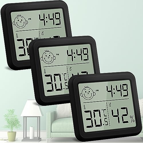 DazSpirit Digitales Thermometer Hygrometer, raumthermometer innen Thermo-Hygrometer, luftfeuchtigkeitsmesser mit Smiley-Indikator Zeit für Schlafzimmer, Babyzimmer, Gewächshaus, Büro (3 Stück Schwarz) von DazSpirit